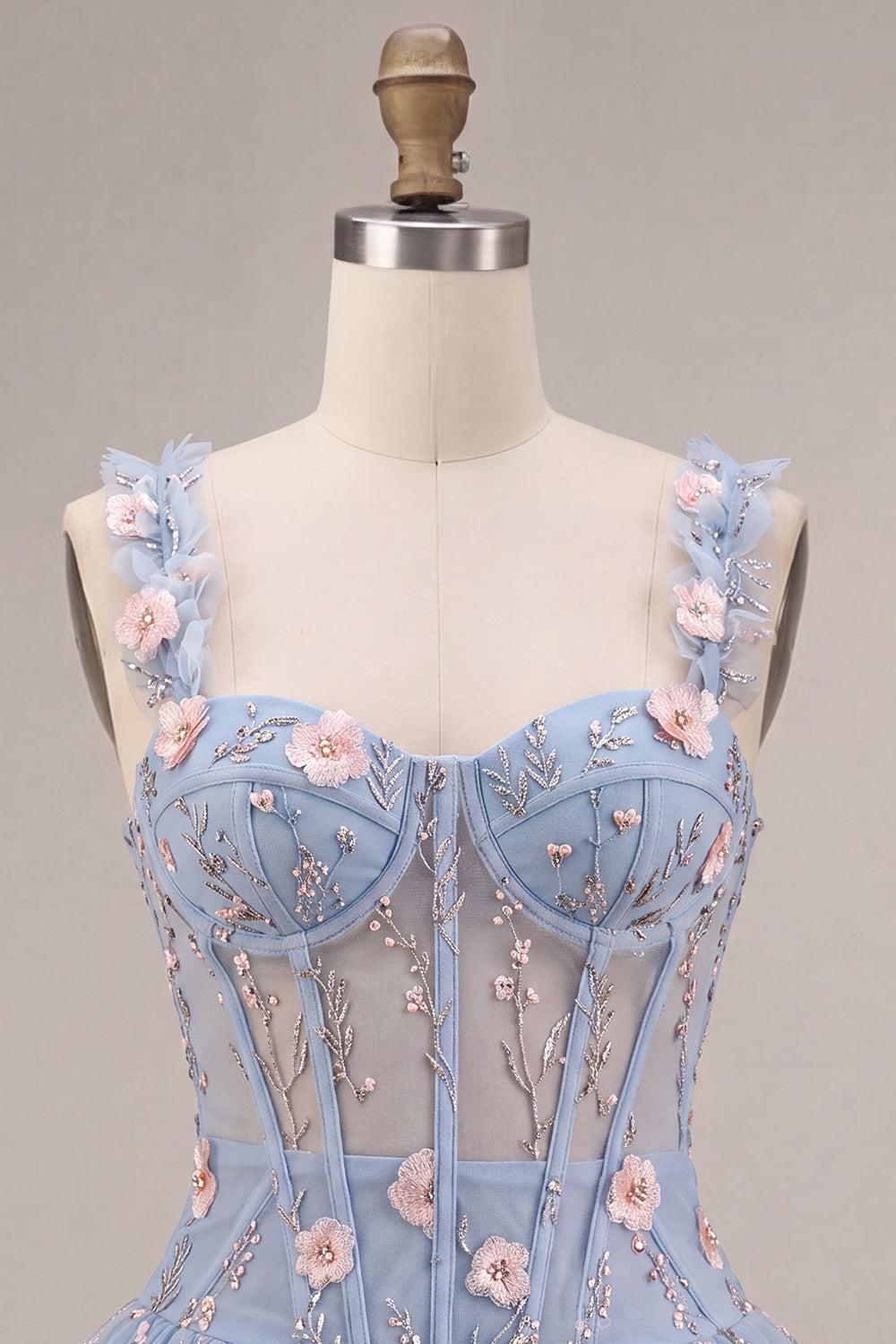 Light Blue Corset Beaded A Line Bubble Short Homecoming Dress with 3D Flowers