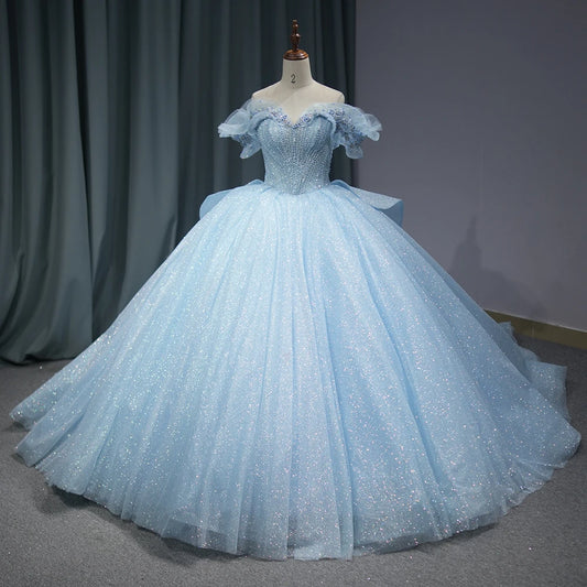 Light Blue Girls Quinceanera Dress Lace Sweetheart Beading Tulle Birthday Party Sweet 16 Ball Gown Dress