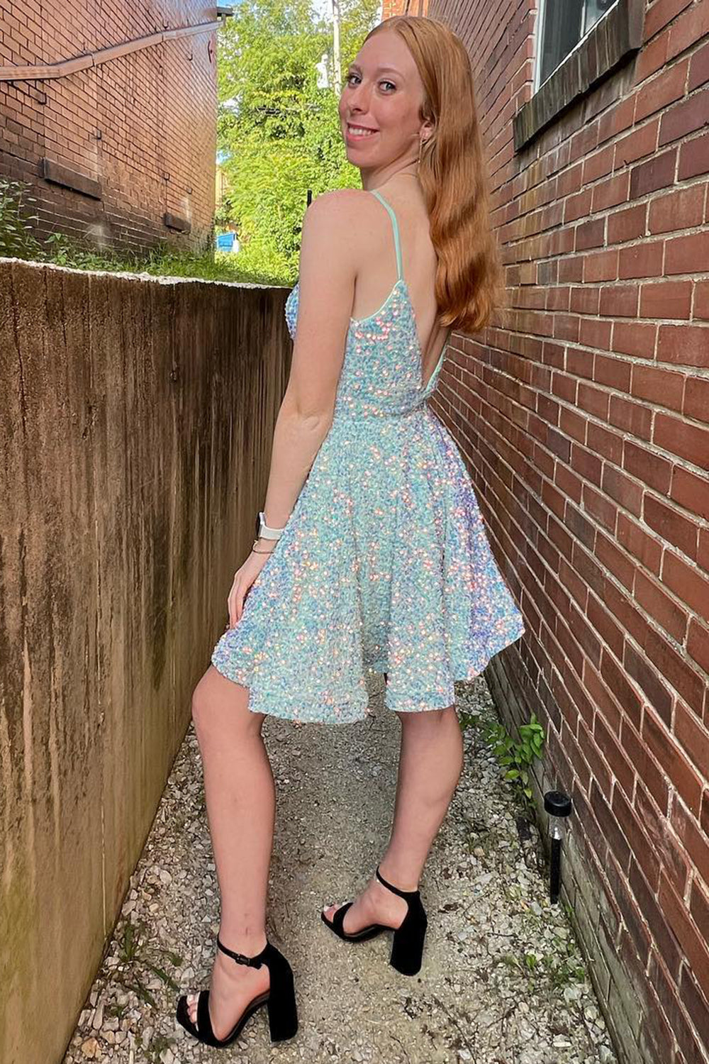 Light Blue Homecoming Dress A-Line Backless Sequin Prom Dress