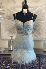 Light Blue Homecoming Dress Corset Lace Tight Short Cocktail Dresses with Feathers