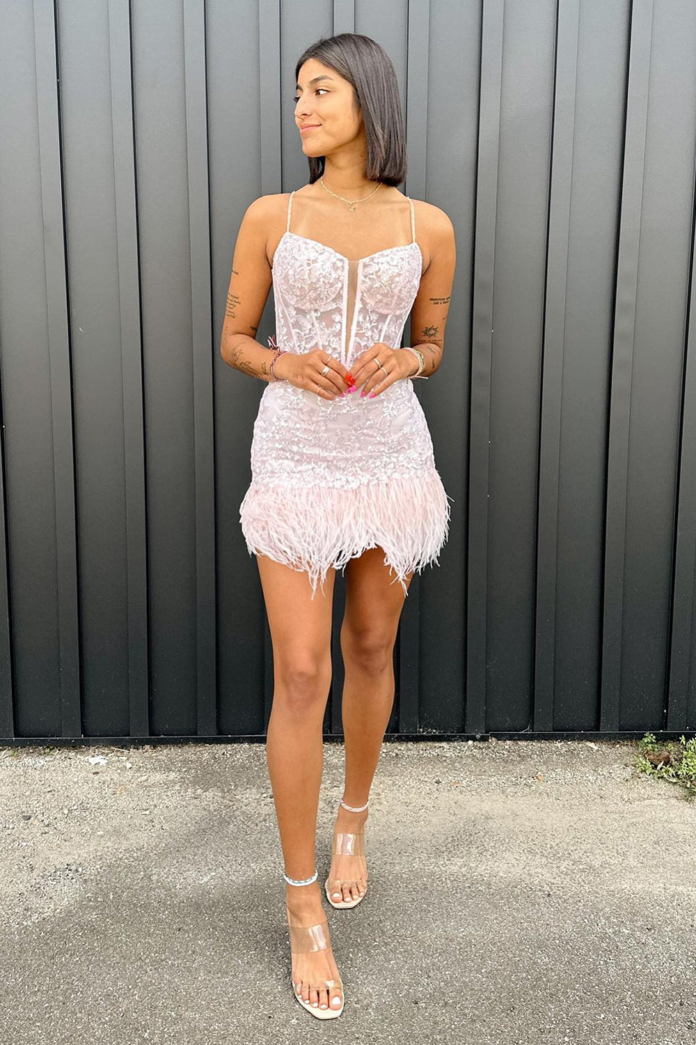 Light Blue Homecoming Dress Corset Lace Tight Short Cocktail Dresses with Feathers