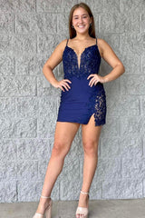 Light Blue Homecoming Dress Corset Spaghetti Straps Tight Short Prom Dress with Slit