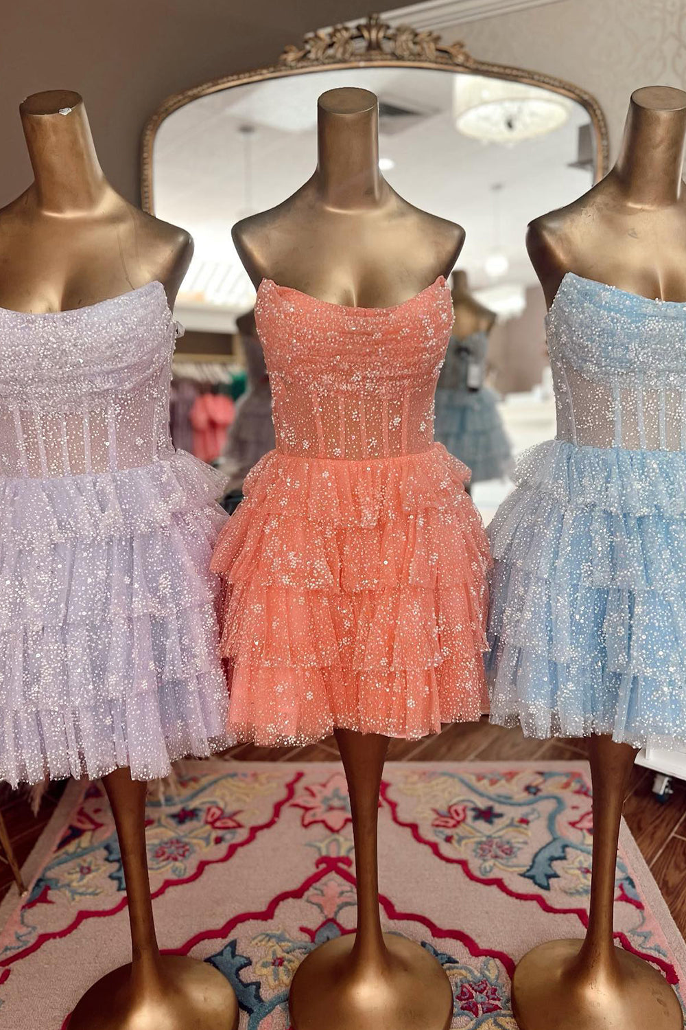 Light Blue Homecoming Dress Corset Strapless A-Line Tiered Short Cocktail Dresses