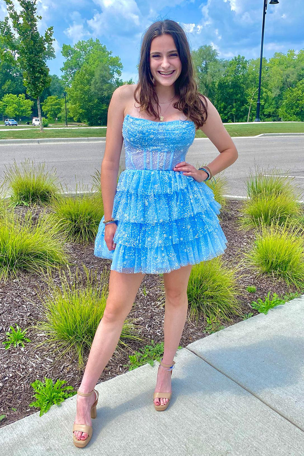 Light Blue Homecoming Dress Corset Strapless A-Line Tiered Short Cocktail Dresses