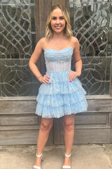 Light Blue Homecoming Dress Corset Strapless A-Line Tiered Short Cocktail Dresses