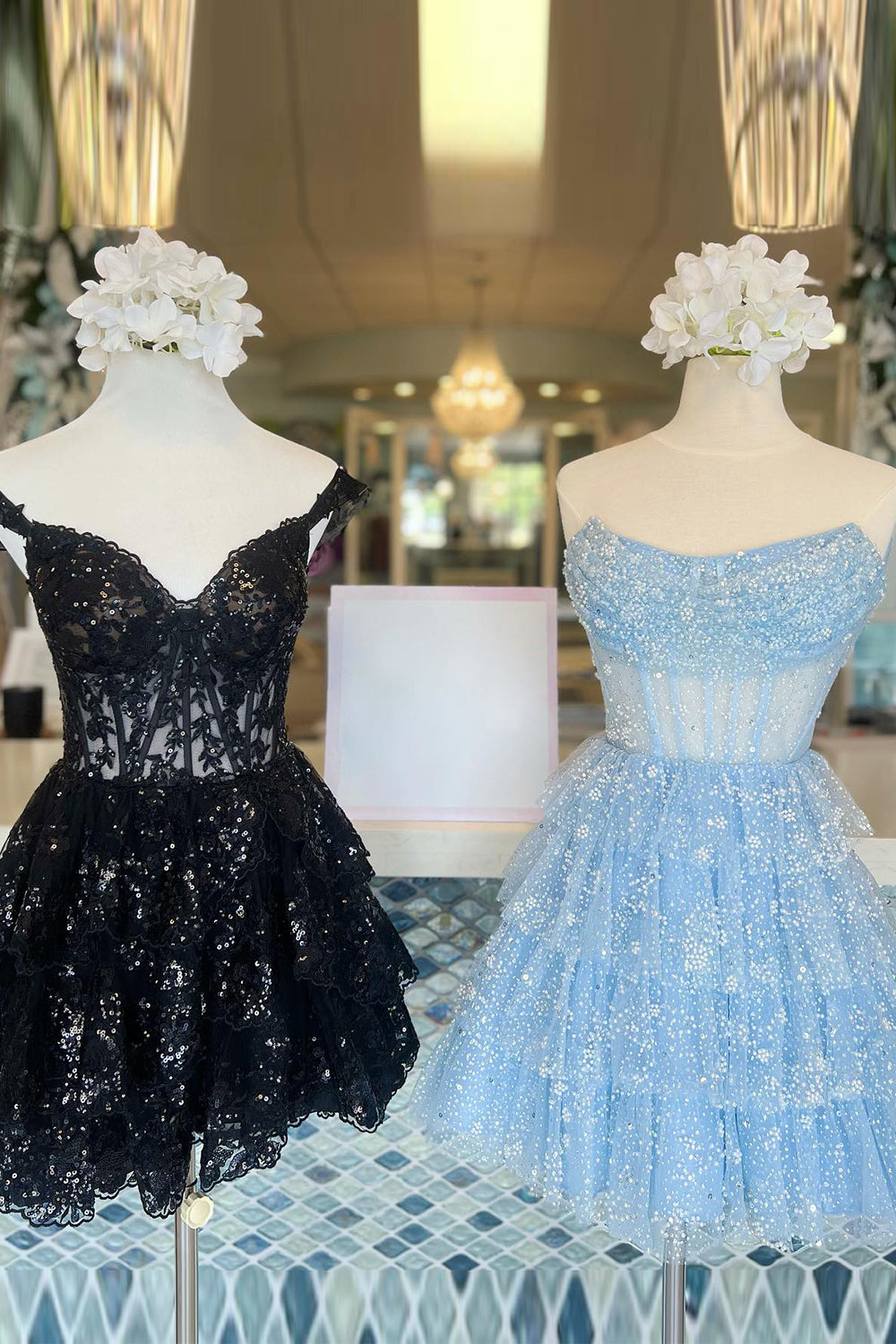 Light Blue Homecoming Dress Corset Strapless A-Line Tiered Short Cocktail Dresses