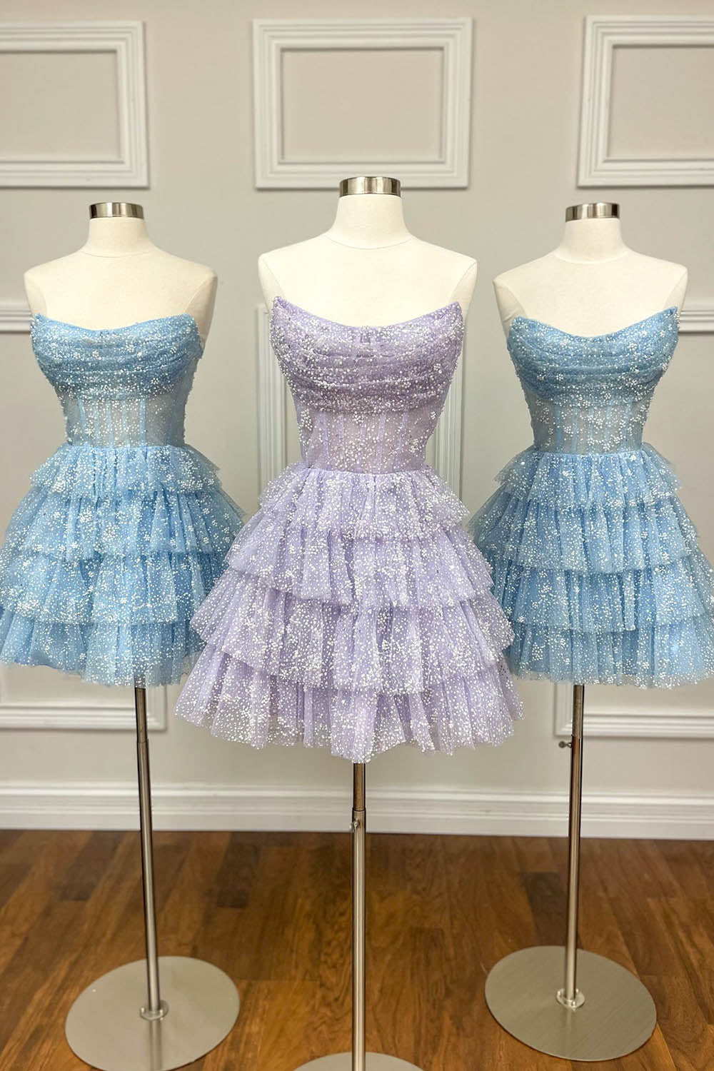 Light Blue Homecoming Dress Corset Strapless A-Line Tiered Short Cocktail Dresses