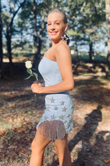 Light Blue Homecoming Dress One Shoulder Stars Tight Short Prom Dress with Fringes