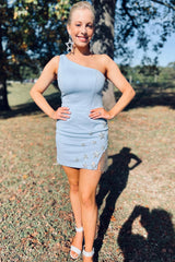 Light Blue Homecoming Dress One Shoulder Stars Tight Short Prom Dress with Fringes