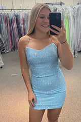 Light Blue Homecoming Dress Sequin Lace-Up Back Short Cocktail Dresses