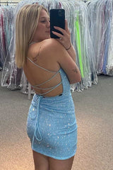 Light Blue Homecoming Dress Sequin Lace-Up Back Short Prom Dress