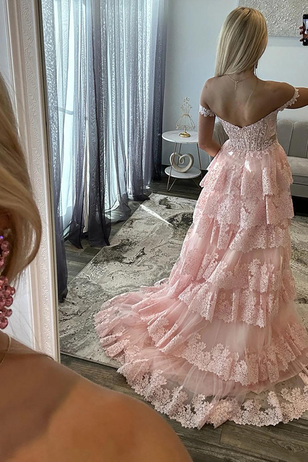 Light Blue Lace Ruffled Prom Dress Corset Off The Shoulder Long Formal Dress With Slit