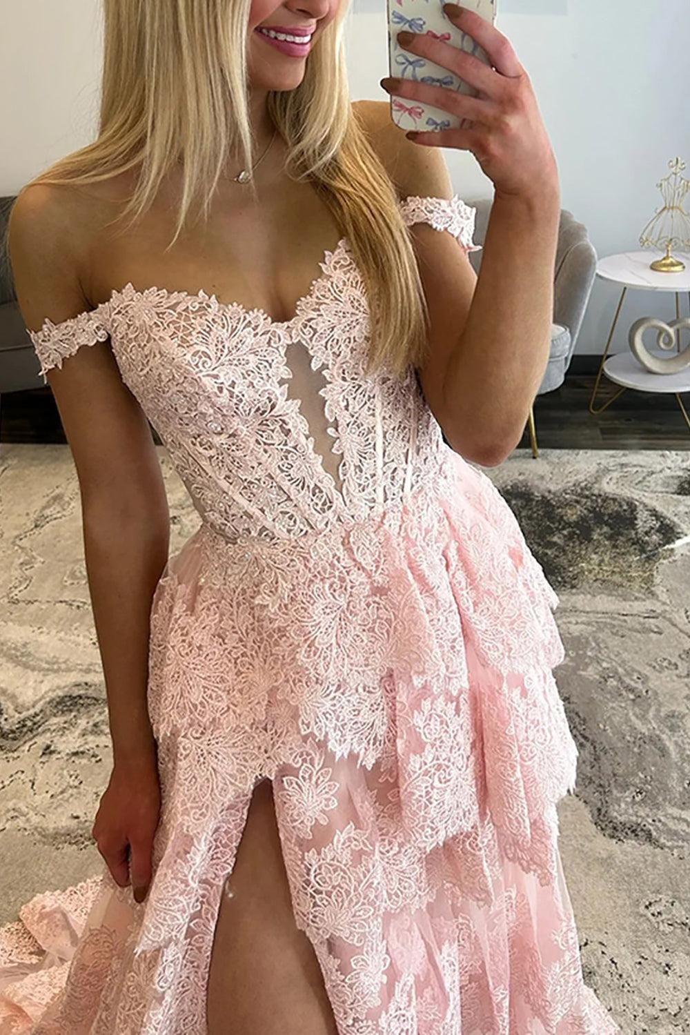 Light Blue Lace Ruffled Prom Dress Corset Off The Shoulder Long Formal Dress With Slit