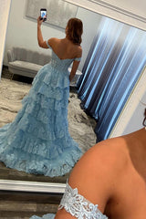 Light Blue Lace Ruffled Prom Dress Corset Off The Shoulder Long Formal Dress With Slit
