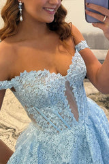 Light Blue Lace Ruffled Prom Dress Corset Off The Shoulder Long Formal Dress With Slit