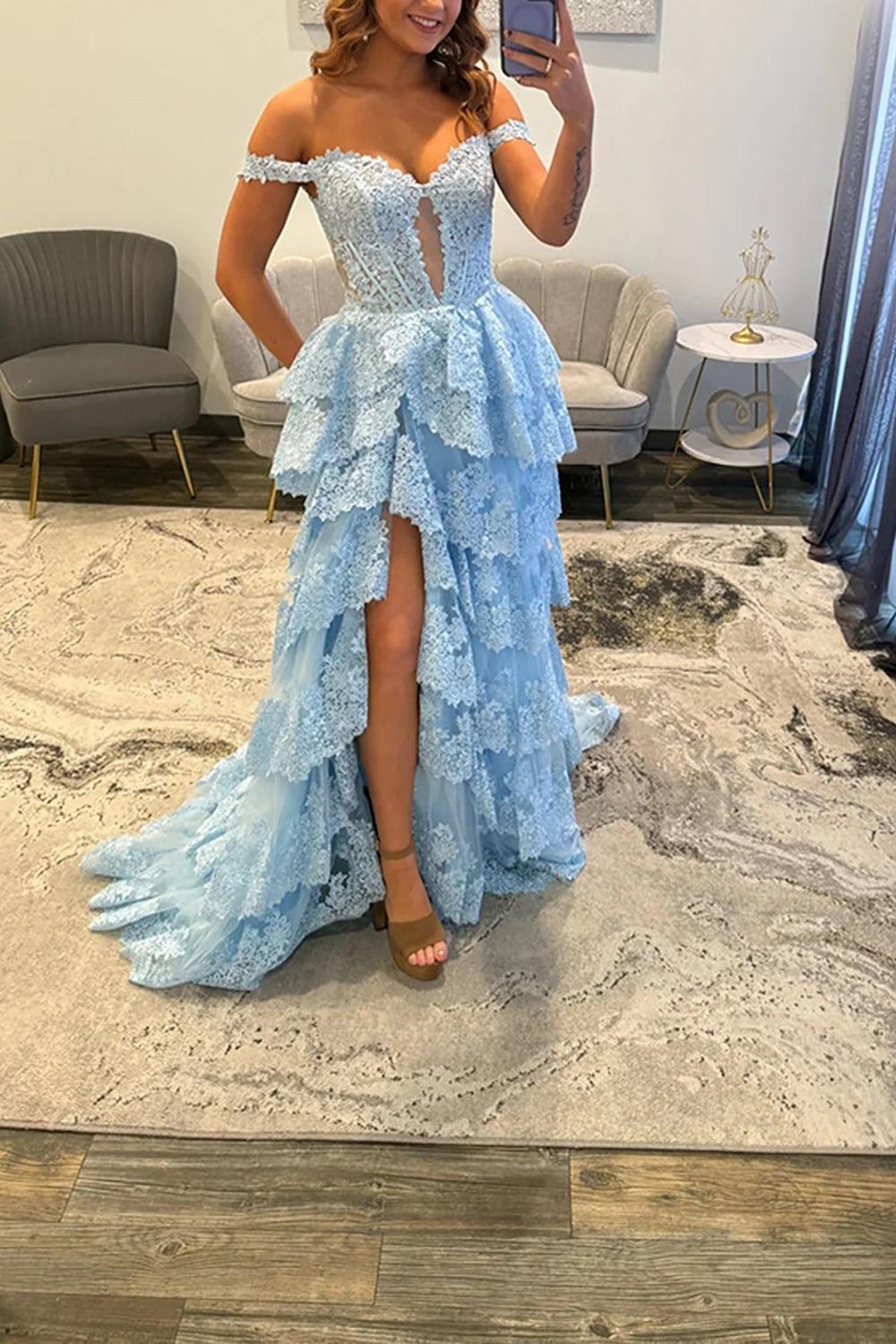Light Blue Lace Ruffled Prom Dress Corset Off The Shoulder Long Formal Dress With Slit