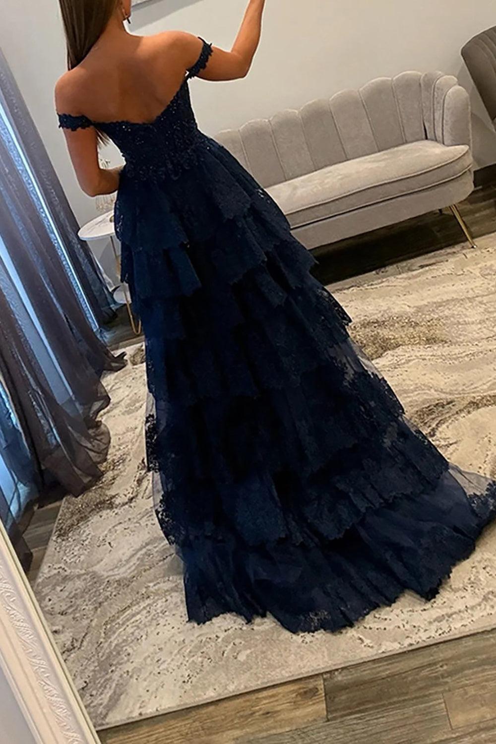 Light Blue Lace Ruffled Prom Dress Corset Off The Shoulder Long Formal Dress With Slit