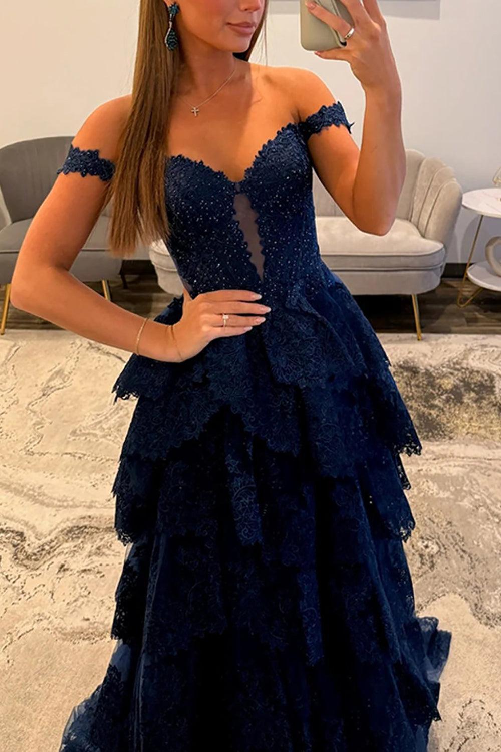 Light Blue Lace Ruffled Prom Dress Corset Off The Shoulder Long Formal Dress With Slit