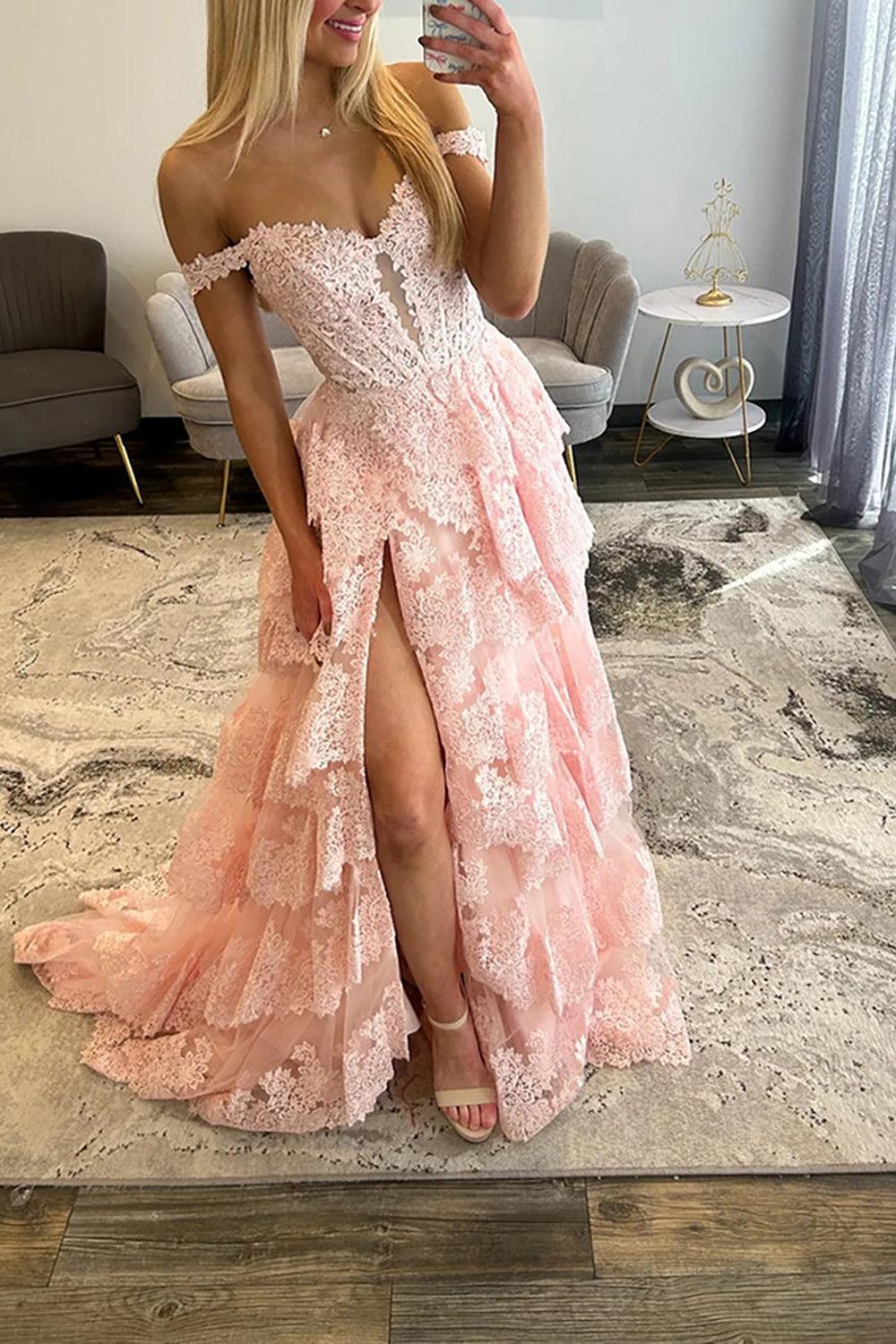 Light Blue Lace Ruffled Prom Dress Corset Off The Shoulder Long Formal Dress With Slit