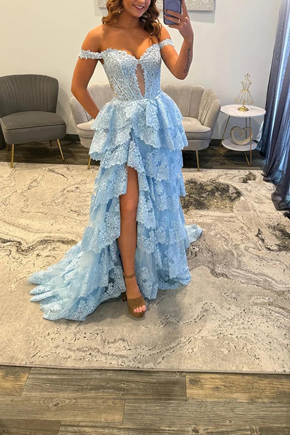 Light Blue Lace Ruffled Prom Dress Corset Off The Shoulder Long Formal Dress With Slit