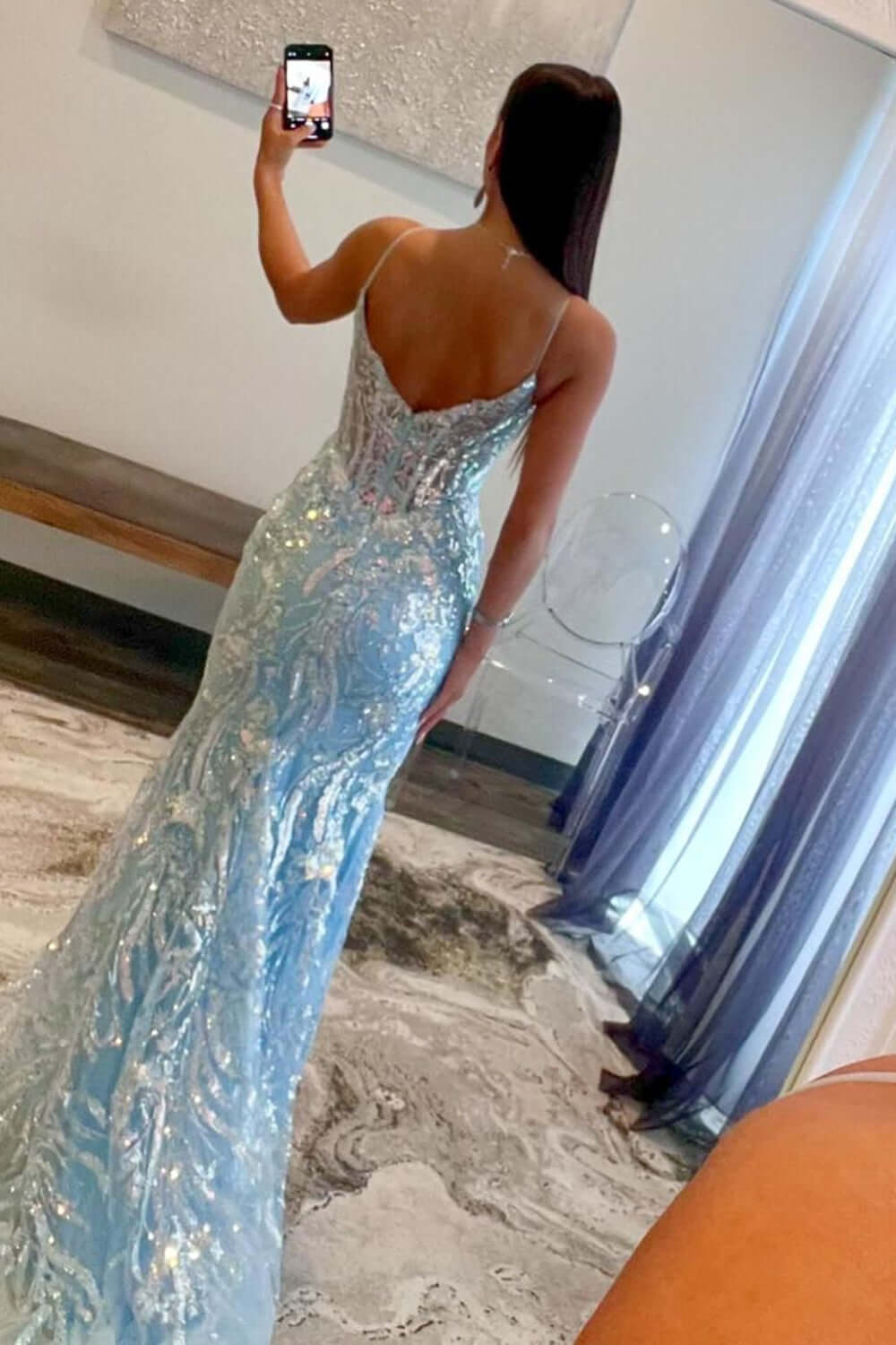 Dreamyannie Blue Prom Dress Spaghetti Straps Corset Mermaid Tulle Formal Dress