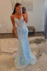 Dreamyannie Blue Prom Dress Spaghetti Straps Corset Mermaid Tulle Formal Dress