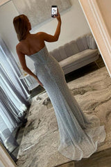 Luxurious Mermaid Strapless Light Blue Corset Prom Dress With Pearls Split Front Formal Evening Gown