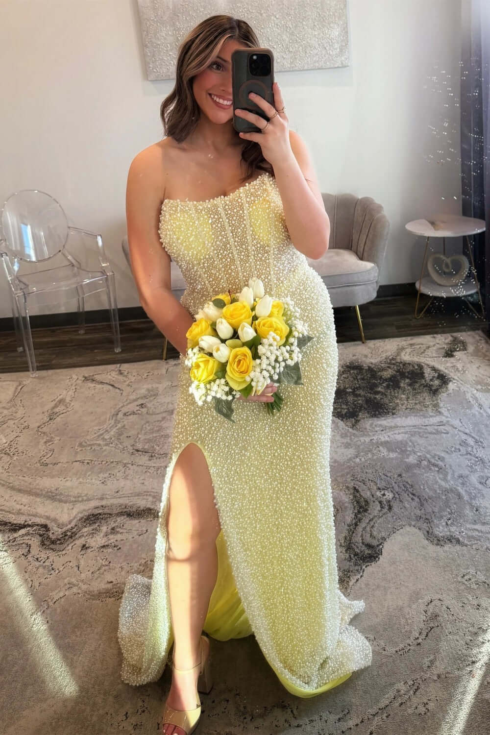 Luxurious Mermaid Strapless Light Blue Corset Prom Dress With Pearls Split Front Formal Evening Gown
