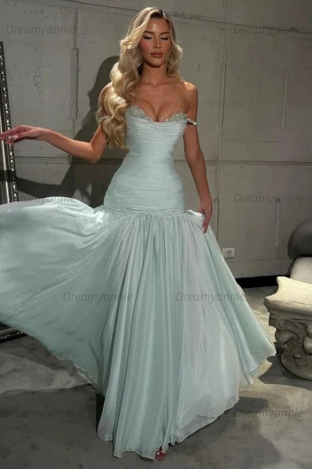 Dreamyannie Mint Green Off The Shoulder Prom Dress A Line Formal Evening Gown