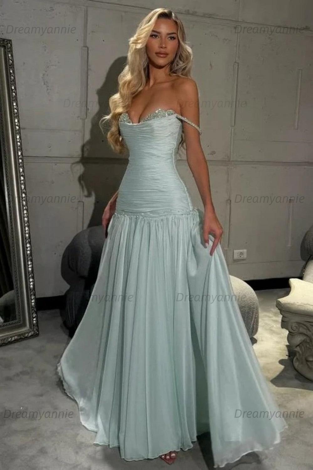 Dreamyannie Mint Green Off The Shoulder Prom Dress A Line Formal Evening Gown