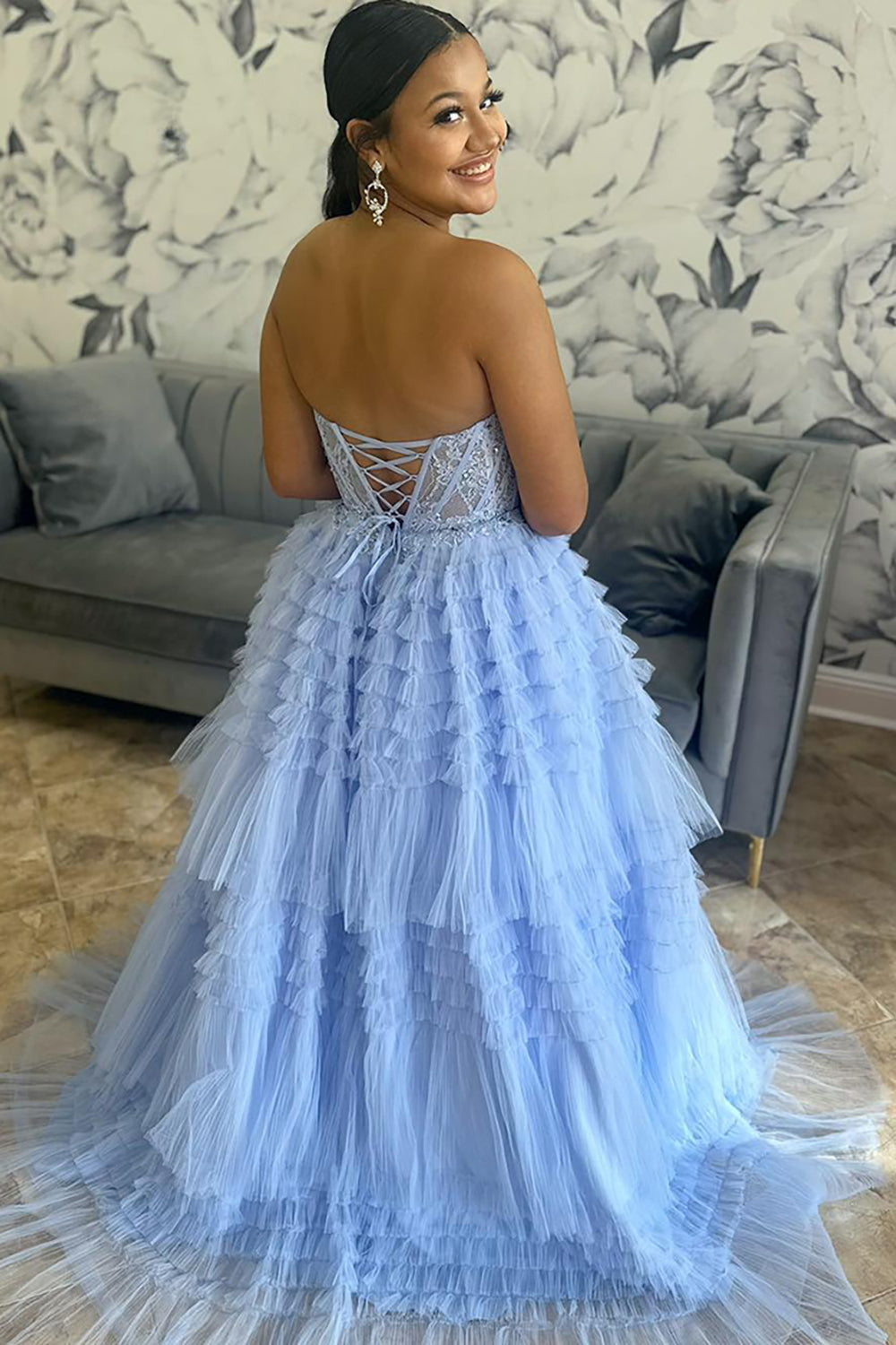 Light Blue Prom Dress Appliques Tiered A-Line Sweetheart Long Formal Dress