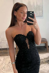 Black Prom Dress Mermaid Sweerheart Corset Evening Dress with Appliques