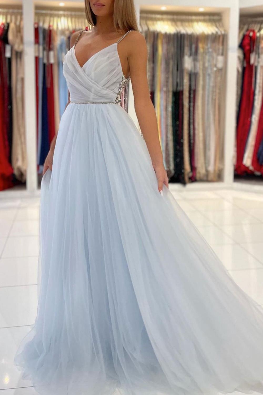 Light Blue Prom Dress Tulle Long Formal Evening Dress