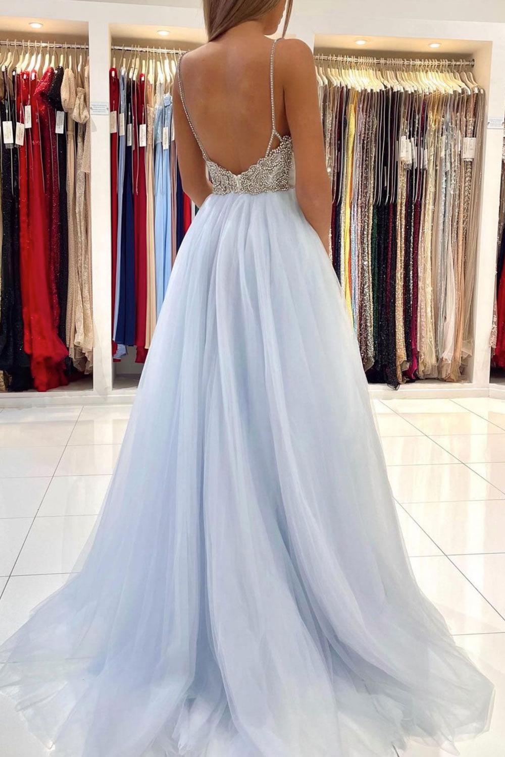 Light Blue Prom Dress Tulle Long Formal Evening Dress
