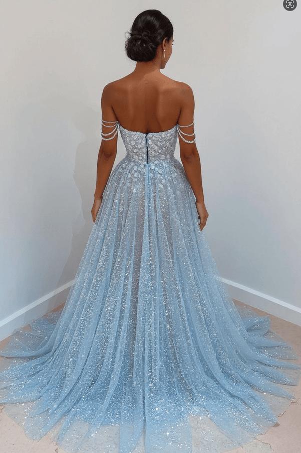 Light Blue Sequined Prom Dresses Off the Shoulder A Line Evening Dresses
