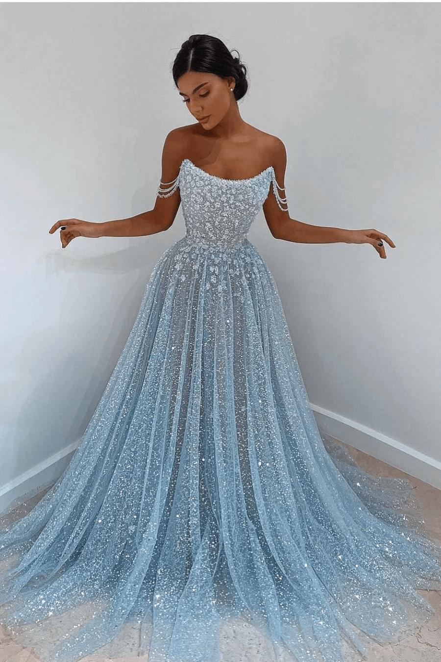 Light Blue Sequined Prom Dresses Off the Shoulder A Line Evening Dresses