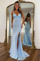 Light Blue Spaghetti Straps Mermaid Corset Prom Dress With Slit Formal Evening Gown