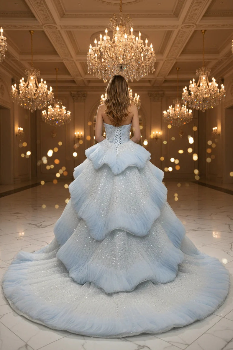 Light Blue Strapless Prom Dress Tiered Sequined Sweet 16 Party Dress