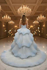 Light Blue Strapless Prom Dress Tiered Sequined Sweet 16 Party Dress