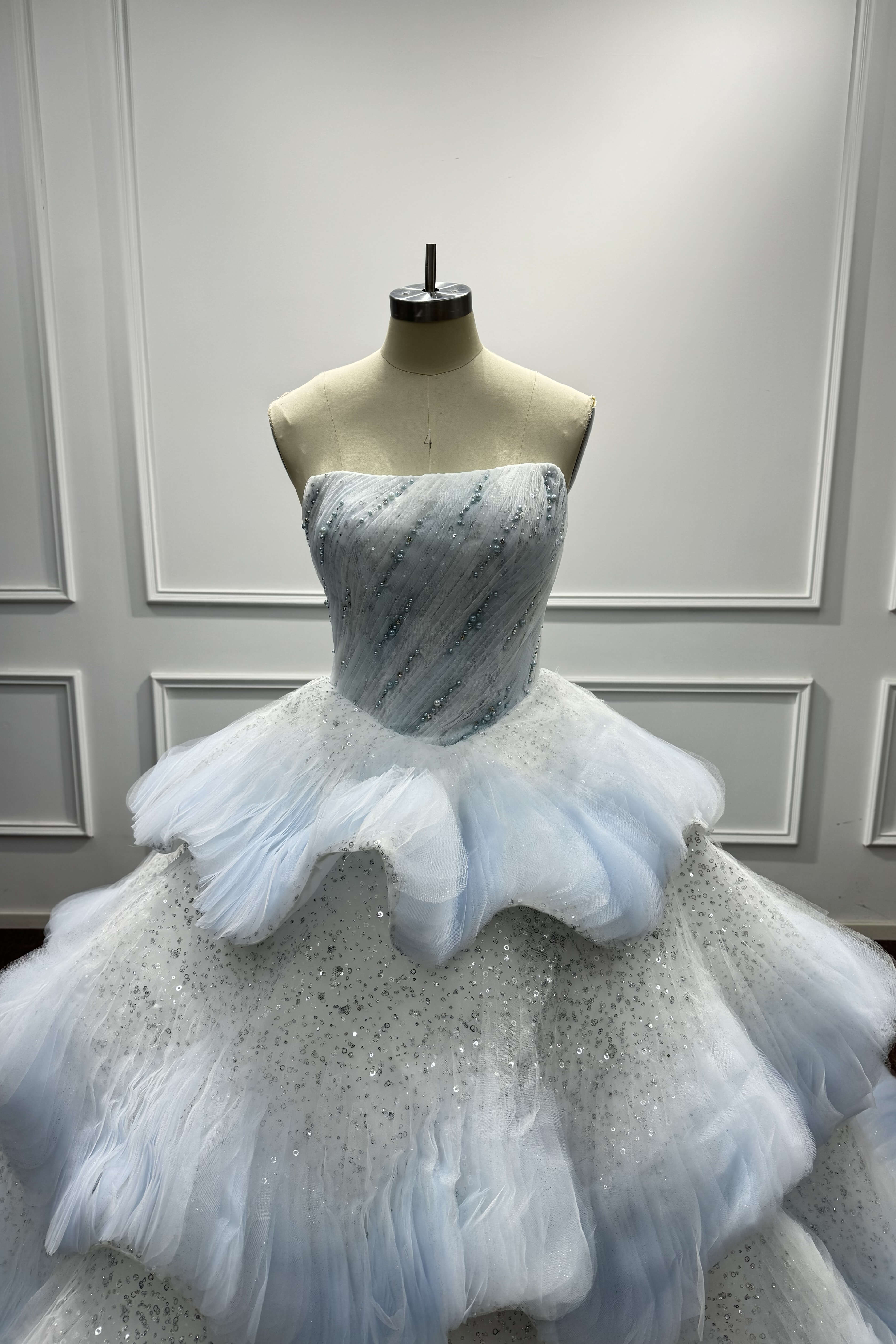 Light Blue Strapless Prom Dress Tiered Sequined Sweet 16 Party Dress