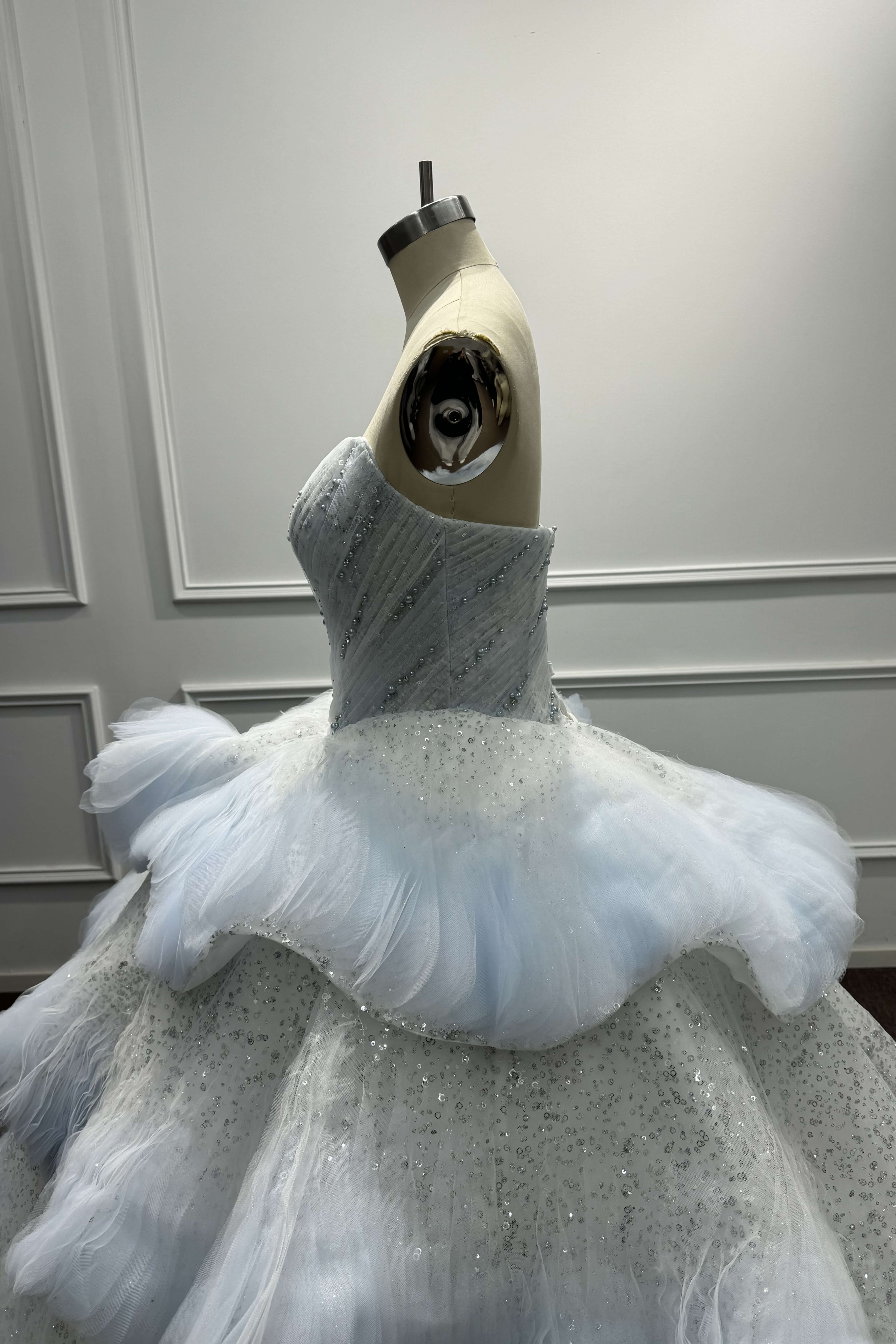 Light Blue Strapless Prom Dress Tiered Sequined Sweet 16 Party Dress