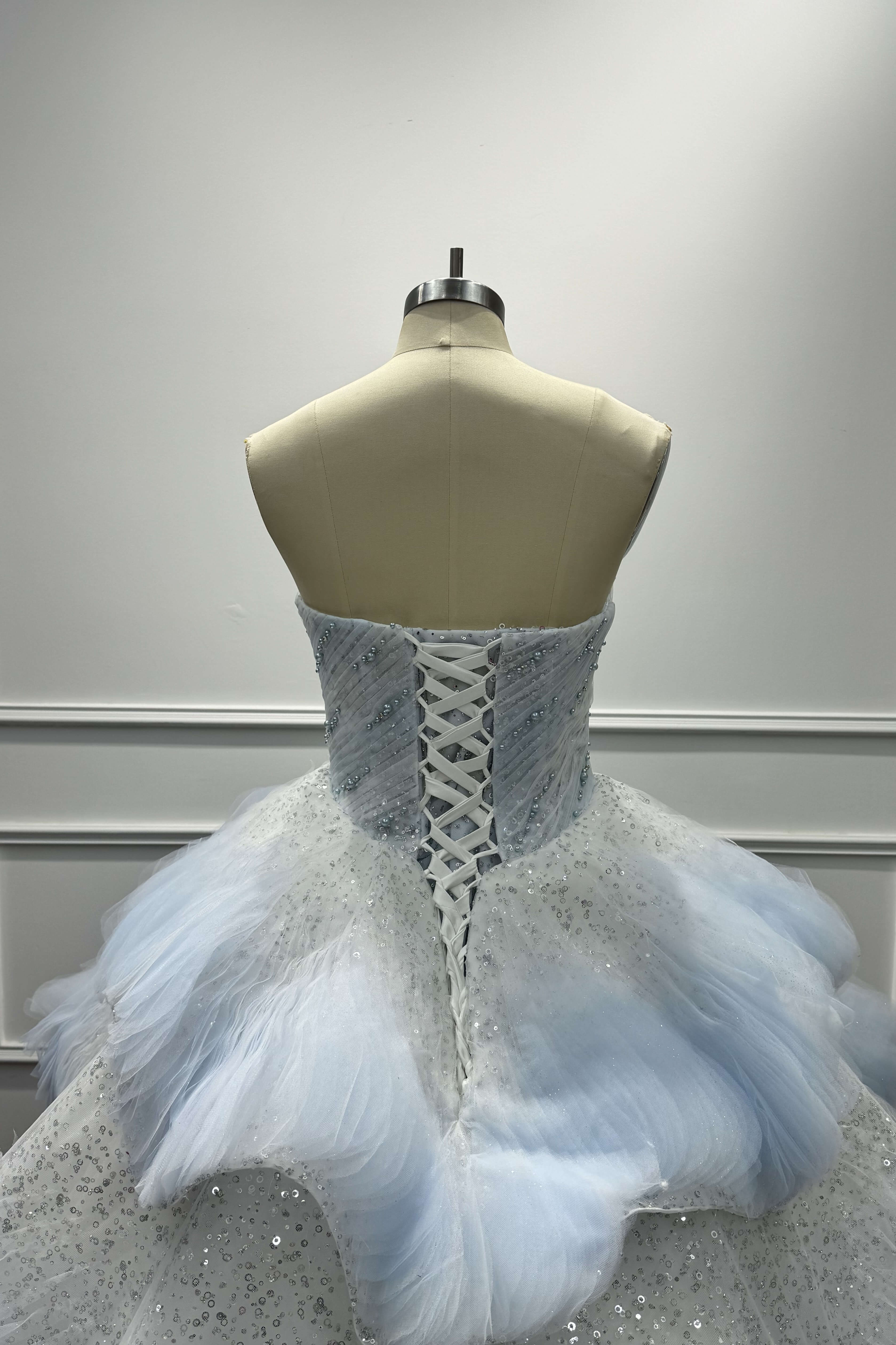 Light Blue Strapless Prom Dress Tiered Sequined Sweet 16 Party Dress