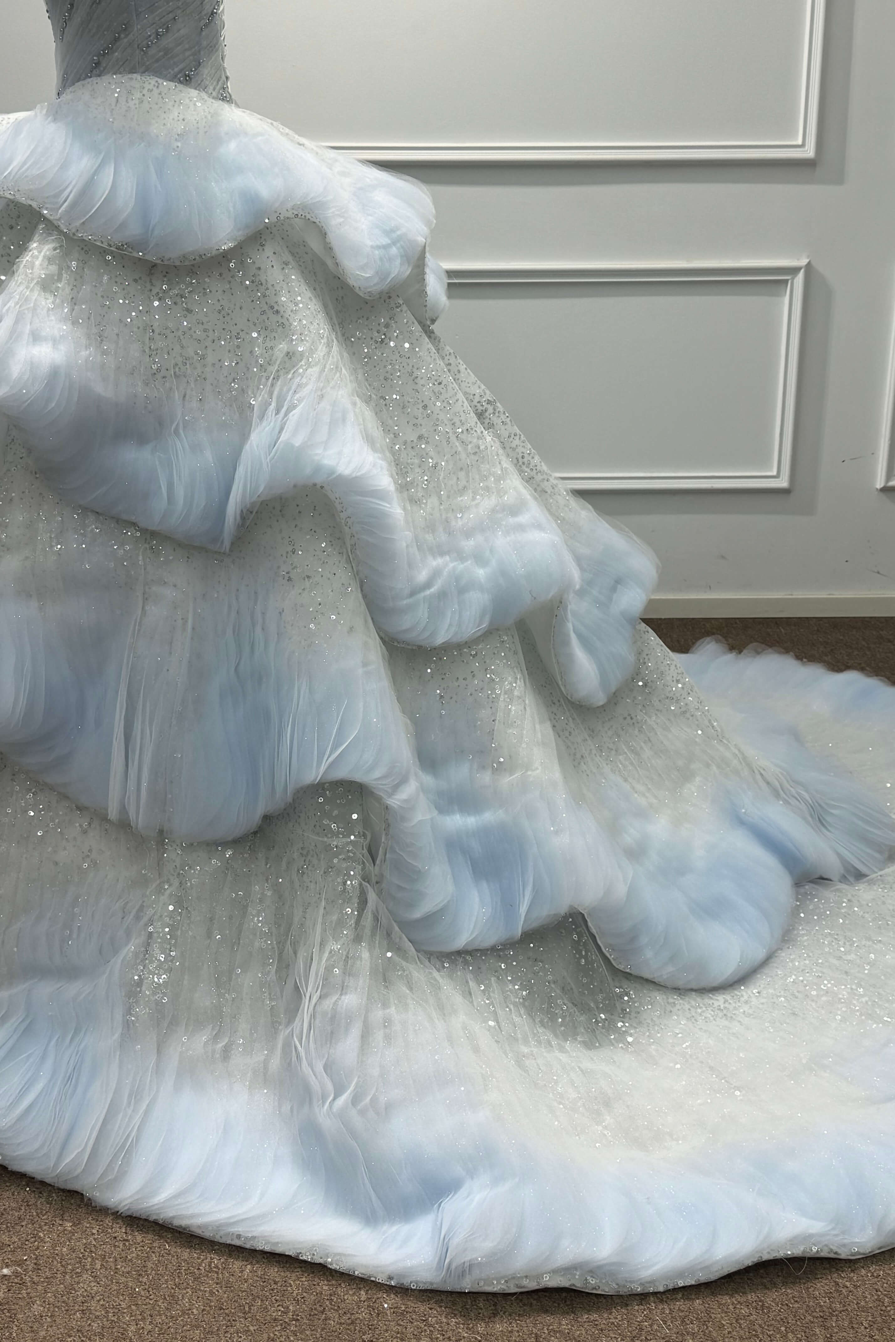 Light Blue Strapless Prom Dress Tiered Sequined Sweet 16 Party Dress