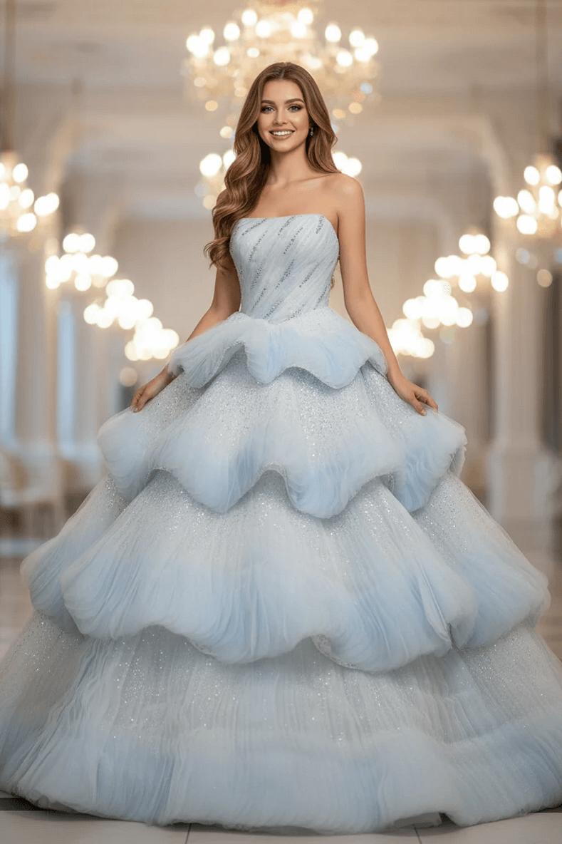 Light Blue Strapless Prom Dress Tiered Sequined Sweet 16 Party Dress
