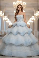 Light Blue Strapless Prom Dress Tiered Sequined Sweet 16 Party Dress