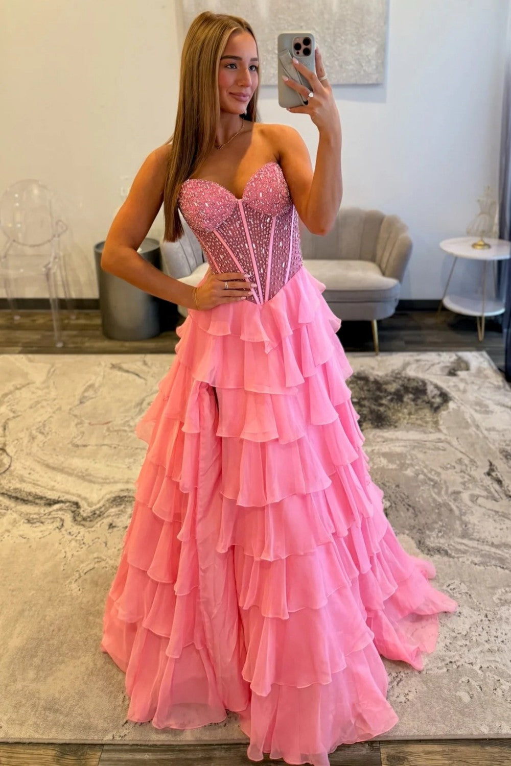 Light Blue Sweetheart Corset Prom Dress With Tiered Ruffles And High Slit Formal Evening Gown