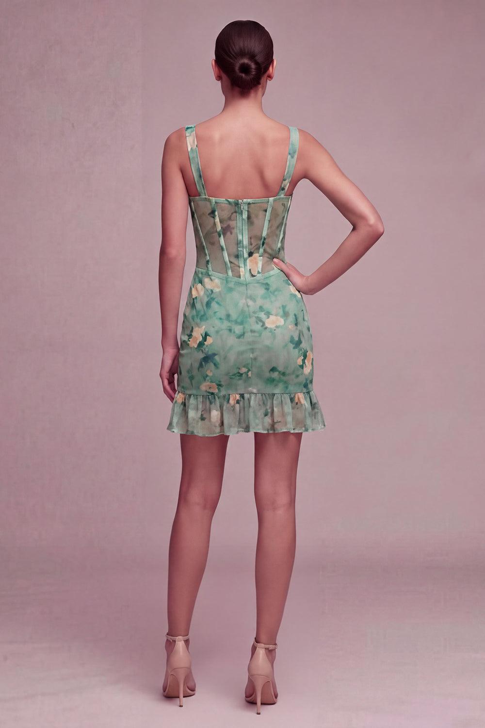 Light Green Floral Short Tight Corset Homecoming Dress with Ruffles