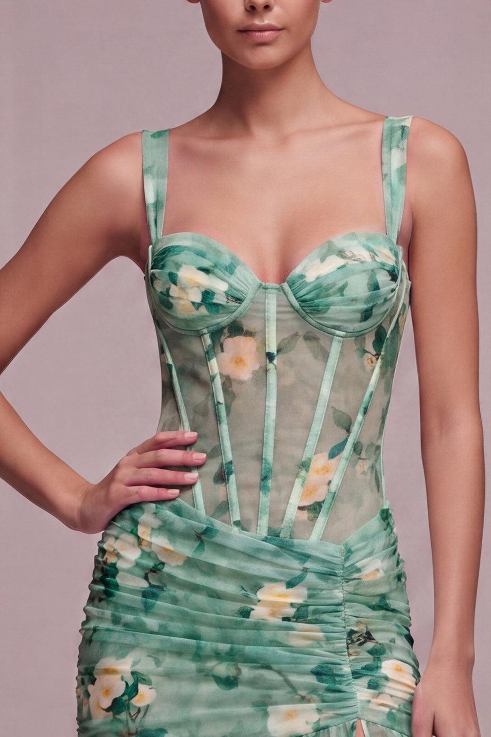 Light Green Floral Short Tight Corset Homecoming Dress with Ruffles