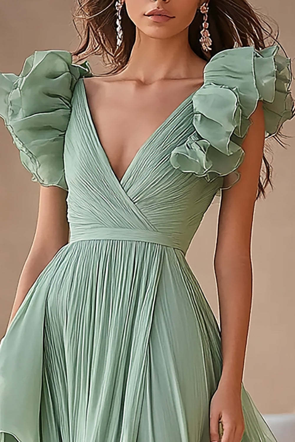 Light Green Formal Dress Chiffon Ruffed V Neck A Line Pleated Long Wedding Guest Dress