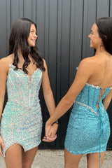 Light Green Homecoming Dress Strapless Corset Tight Short Prom Dress with Sequin